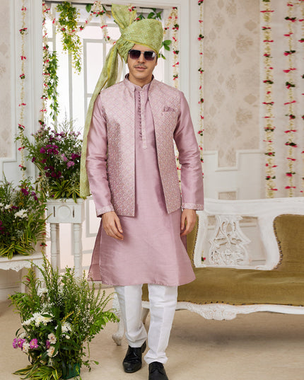 Old Rose Art Banarasi Silk Mens Kurta Pajama Set With Jacket