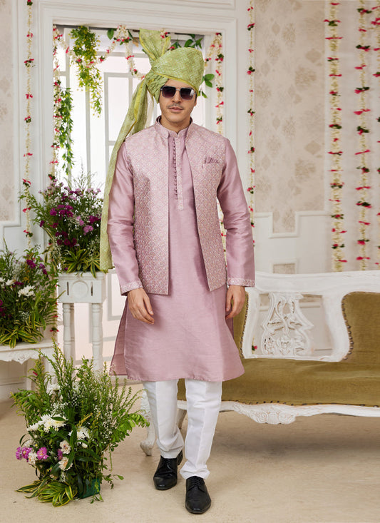 Old Rose Art Banarasi Silk Mens Kurta Pajama Set With Jacket