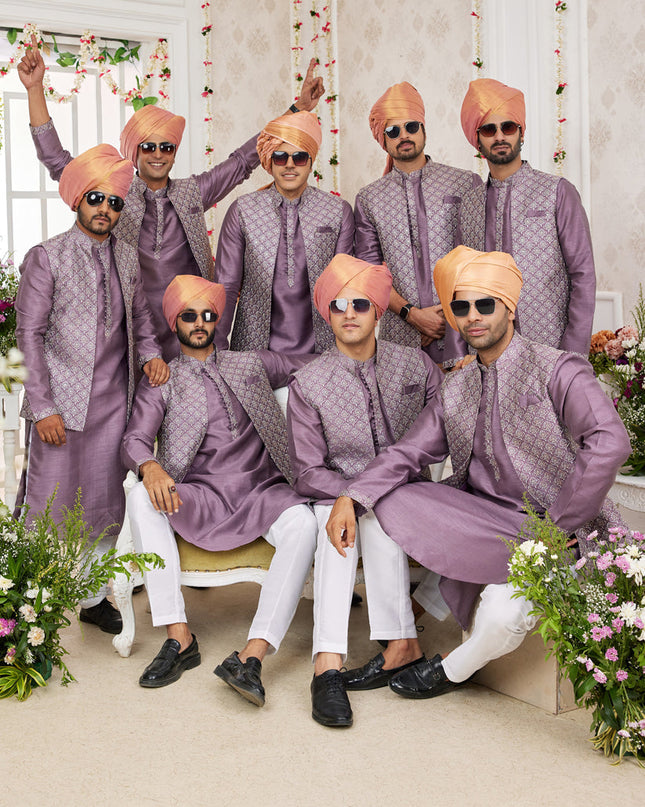 Mauve Art Banarasi Silk Mens Kurta Pajama Set With Jacket