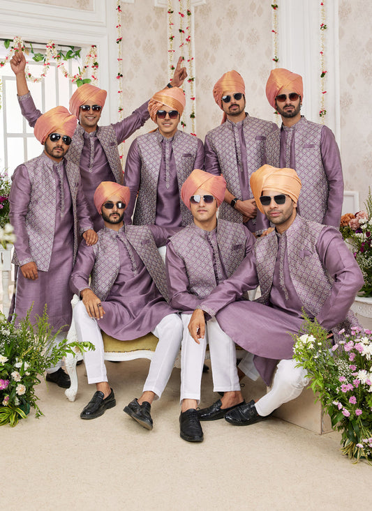 Mauve Art Banarasi Silk Mens Kurta Pajama Set With Jacket