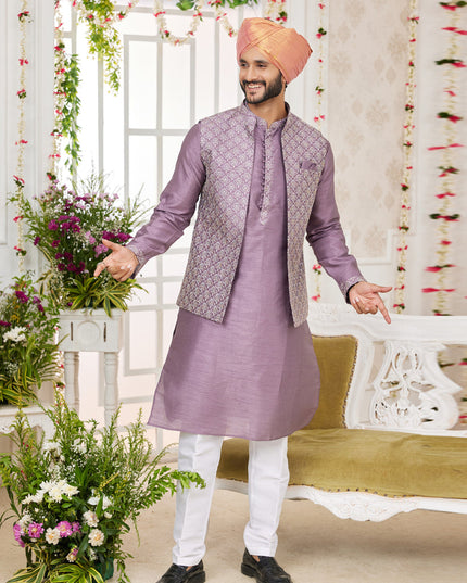 Mauve Art Banarasi Silk Mens Kurta Pajama Set With Jacket