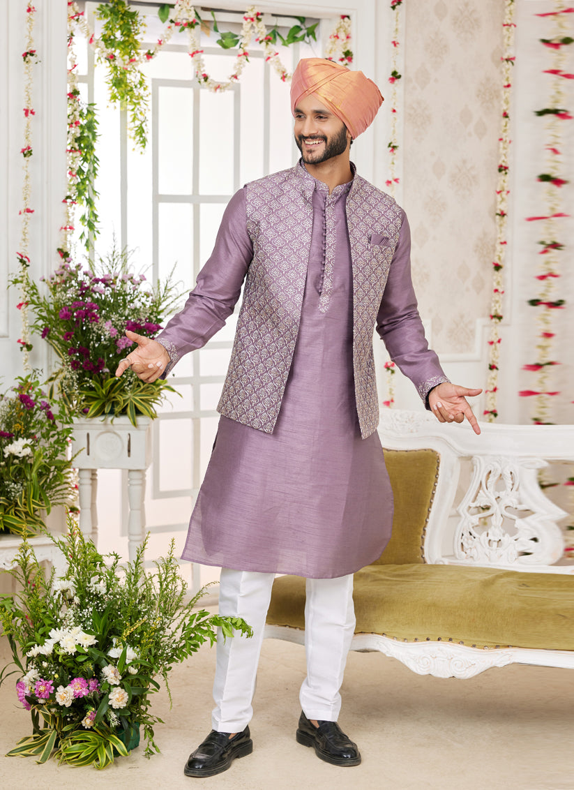 Mauve Art Banarasi Silk Mens Kurta Pajama Set With Jacket