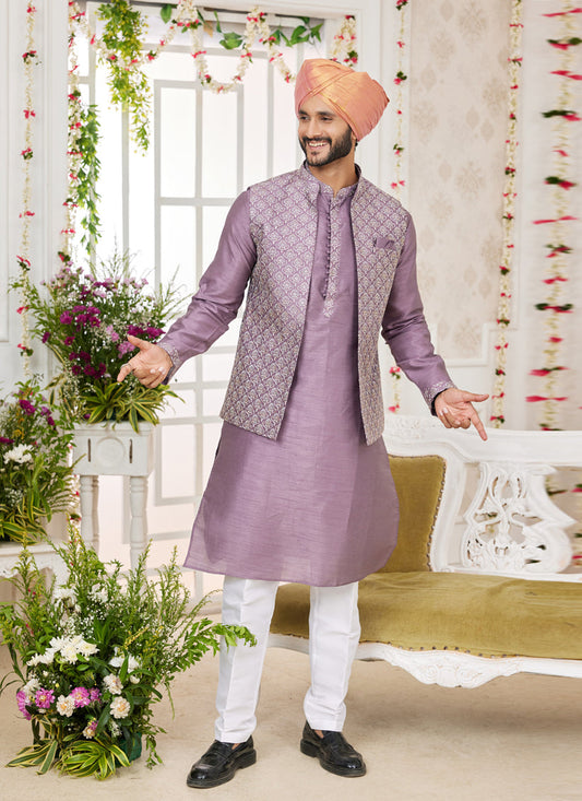 Mauve Art Banarasi Silk Mens Kurta Pajama Set With Jacket