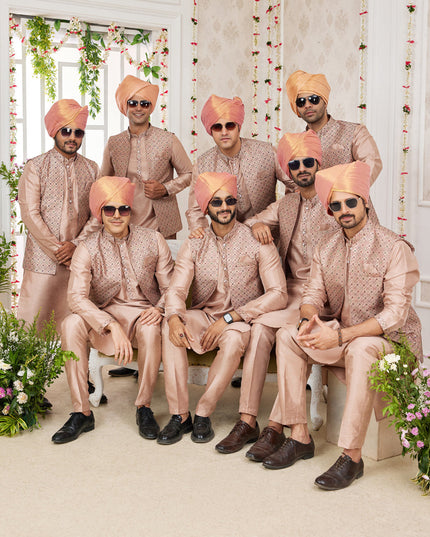 Beige Art Banarasi Silk Mens Kurta Pajama Set With Jacket