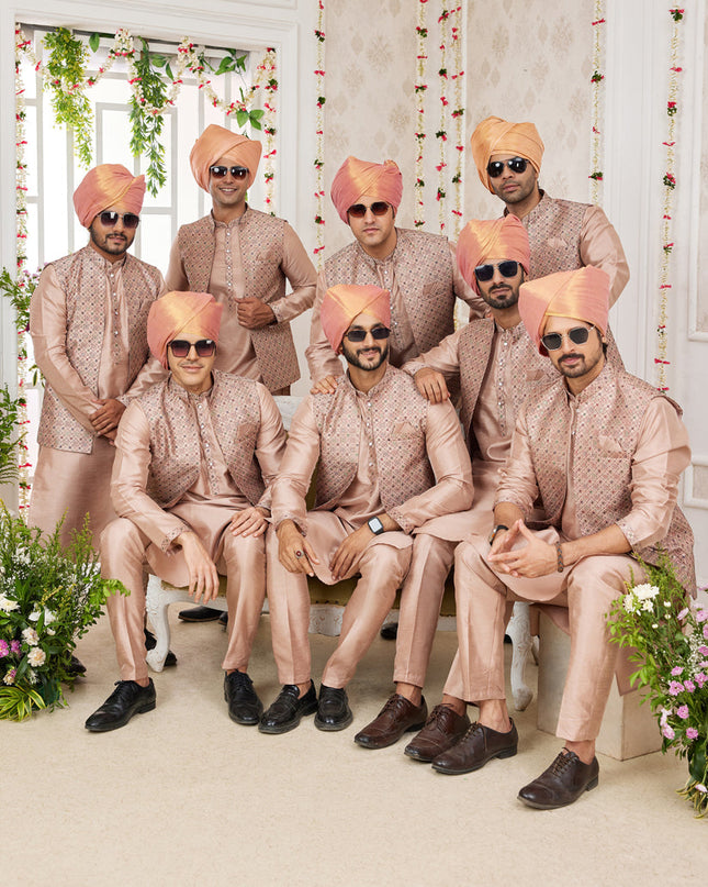 Beige Art Banarasi Silk Mens Kurta Pajama Set With Jacket