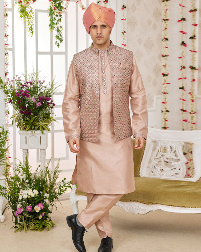 Beige Art Banarasi Silk Mens Kurta Pajama Set With Jacket