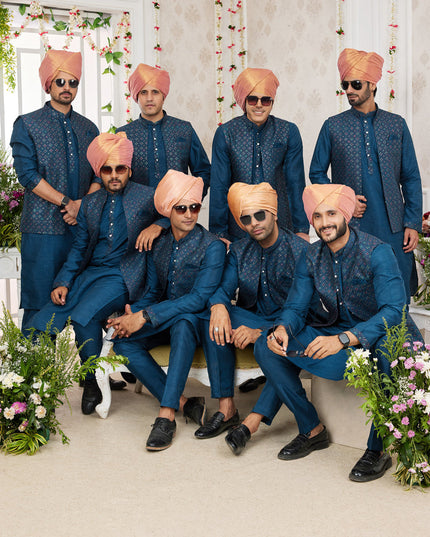 Peacock Blue Art Banarasi Silk Mens Kurta Pajama Set With Jacket