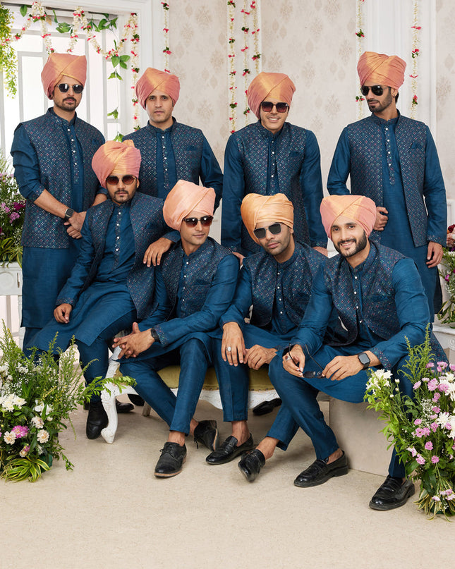 Peacock Blue Art Banarasi Silk Mens Kurta Pajama Set With Jacket