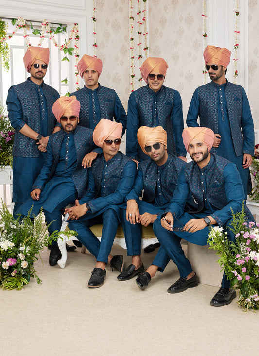 Peacock Blue Art Banarasi Silk Mens Kurta Pajama Set With Jacket