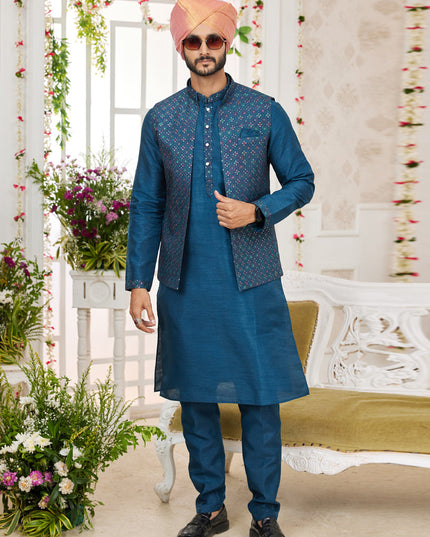 Peacock Blue Art Banarasi Silk Mens Kurta Pajama Set With Jacket