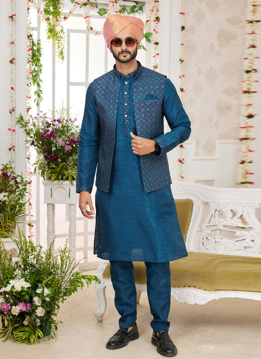 Peacock Blue Art Banarasi Silk Mens Kurta Pajama Set With Jacket