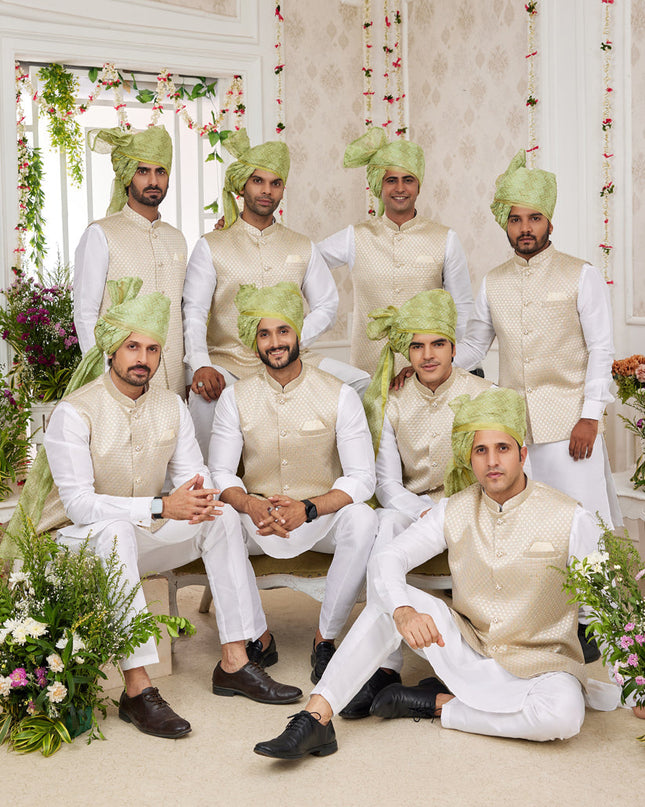 White Art Banarasi Silk Mens Kurta Pajama Set With Jacket