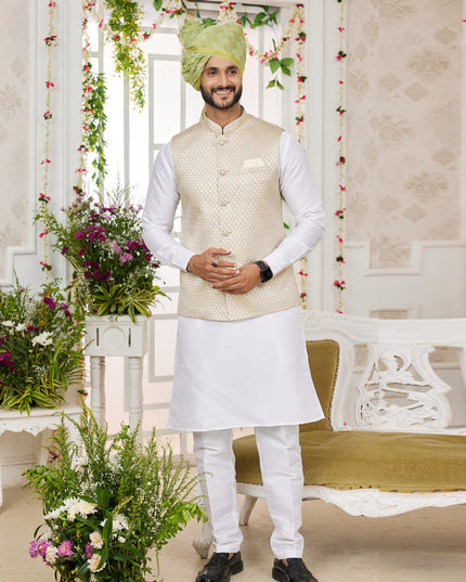 White Art Banarasi Silk Mens Kurta Pajama Set With Jacket
