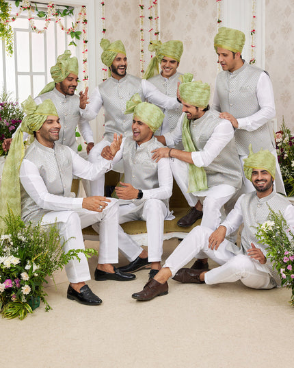 White Art Banarasi Silk Mens Kurta Pajama Set With Jacket