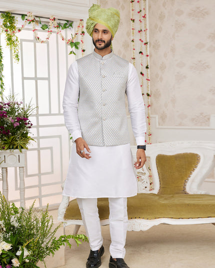 White Art Banarasi Silk Mens Kurta Pajama Set With Jacket
