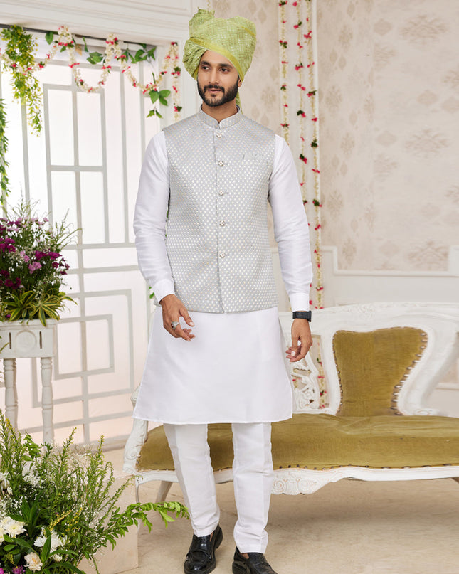 White Art Banarasi Silk Mens Kurta Pajama Set With Jacket