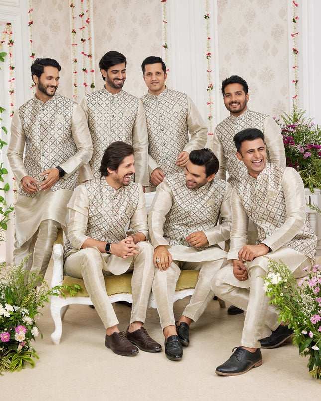 Ivory Art Banarasi Silk Mens Kurta Pajama Set With Jacket