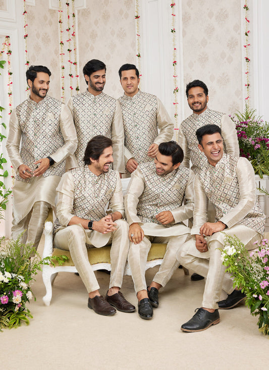 Ivory Art Banarasi Silk Mens Kurta Pajama Set With Jacket