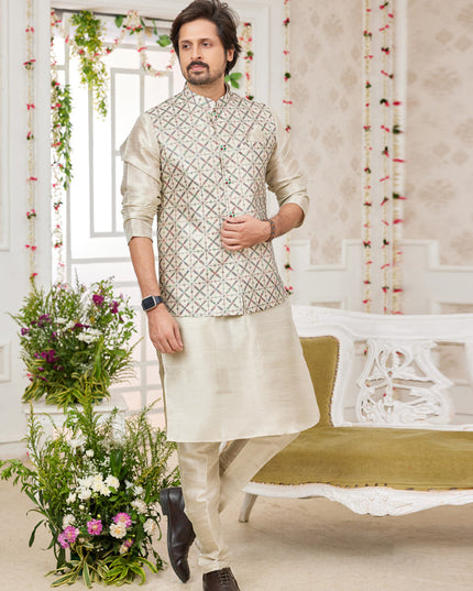 Ivory Art Banarasi Silk Mens Kurta Pajama Set With Jacket