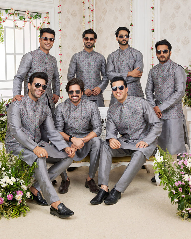 Grey Art Banarasi Silk Mens Kurta Pajama Set With Jacket