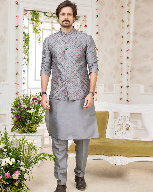 Grey Art Banarasi Silk Mens Kurta Pajama Set With Jacket