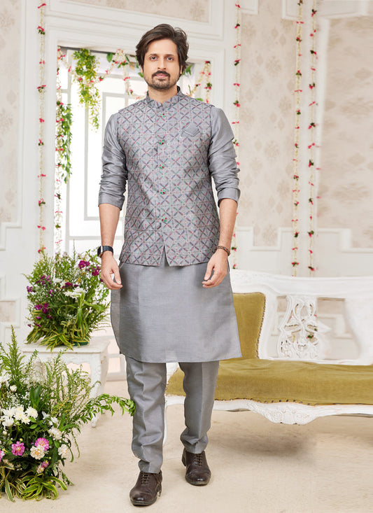 Grey Art Banarasi Silk Mens Kurta Pajama Set With Jacket