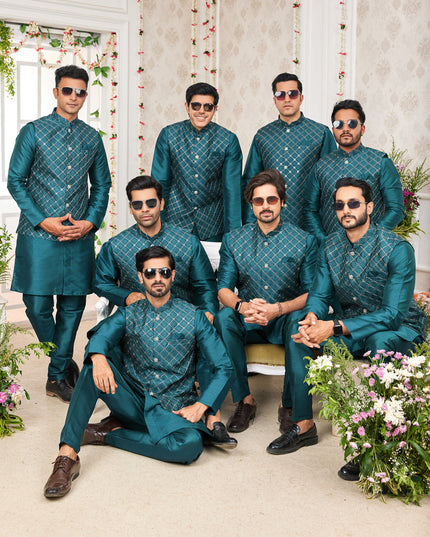 Morpich Art Banarasi Silk Mens Kurta Pajama Set With Jacket