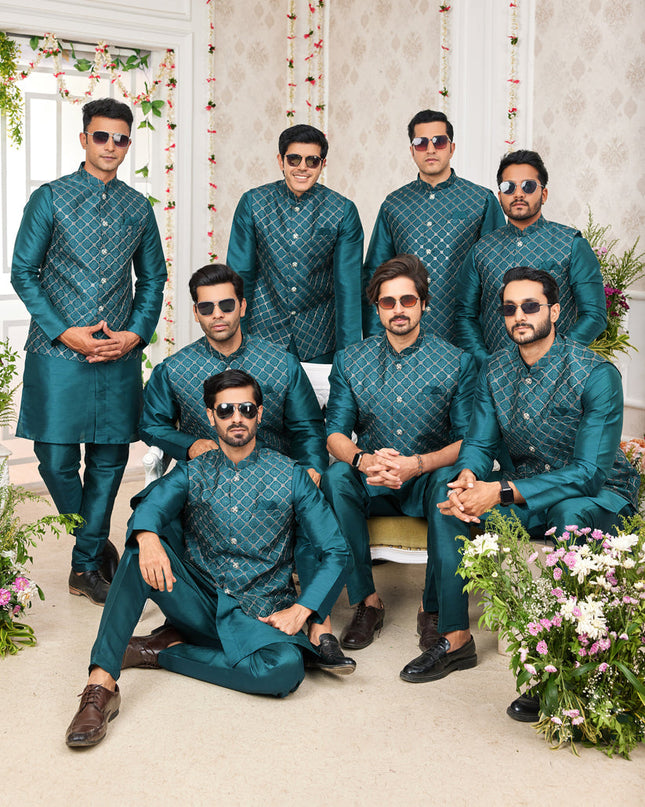 Morpich Art Banarasi Silk Mens Kurta Pajama Set With Jacket