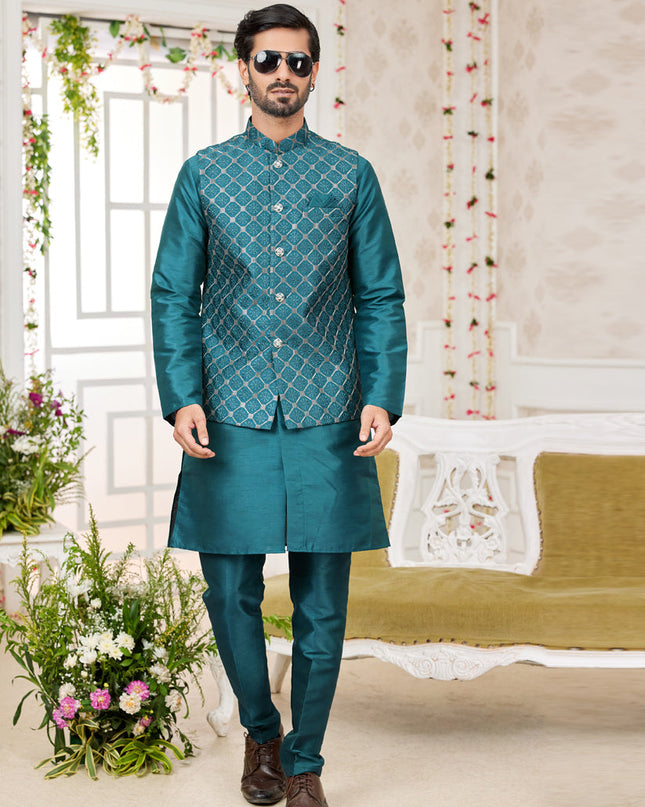 Morpich Art Banarasi Silk Mens Kurta Pajama Set With Jacket