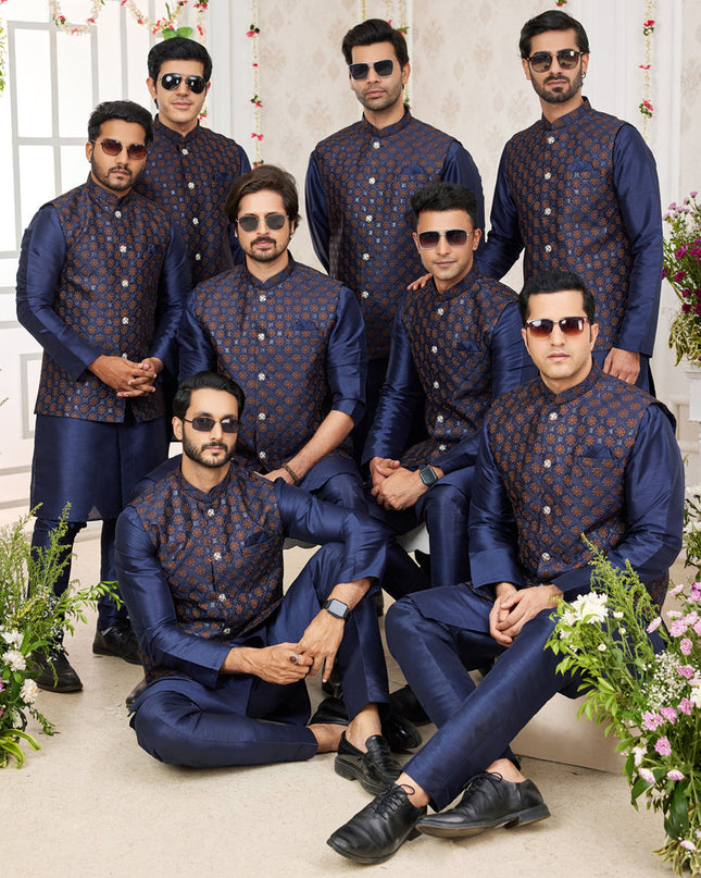 Midnight Blue Art Banarasi Silk Mens Kurta Pajama Set With Jacket