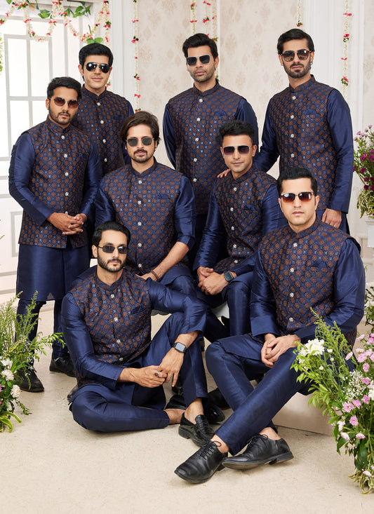 Midnight Blue Art Banarasi Silk Mens Kurta Pajama Set With Jacket
