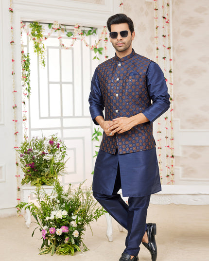 Midnight Blue Art Banarasi Silk Mens Kurta Pajama Set With Jacket