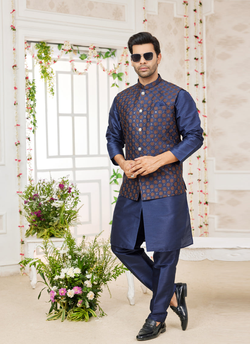 Midnight Blue Art Banarasi Silk Mens Kurta Pajama Set With Jacket