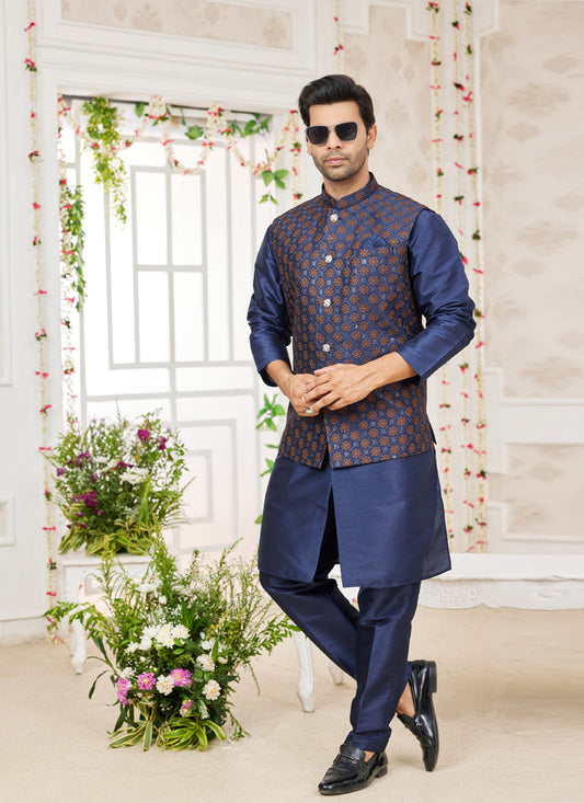 Midnight Blue Art Banarasi Silk Mens Kurta Pajama Set With Jacket