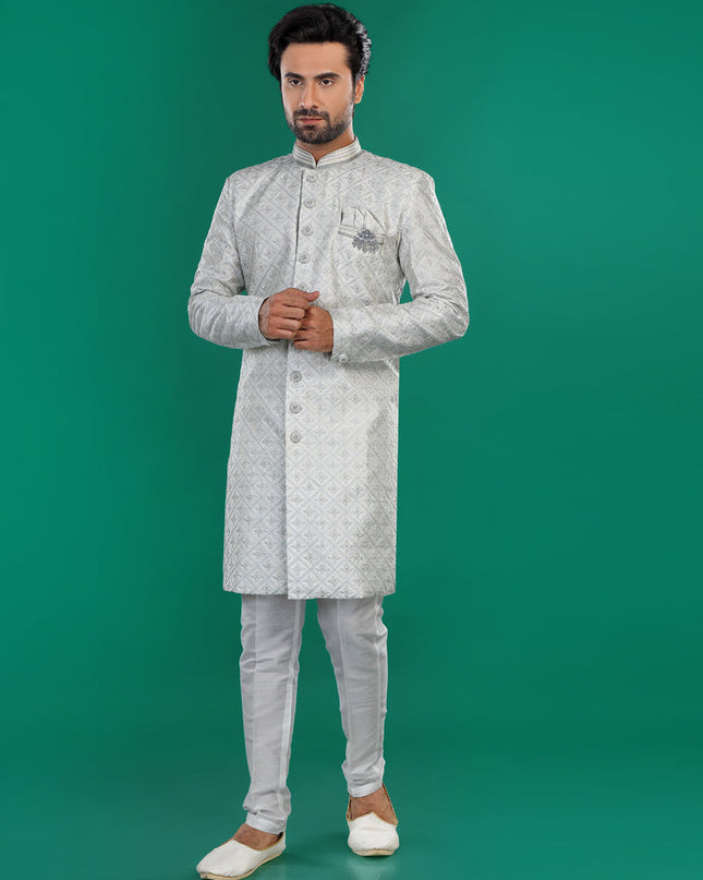Grey Mens Semi Indowestern Outfit For Wedding