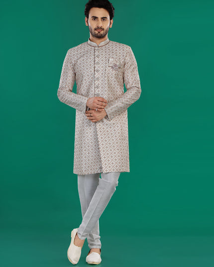 Cream Mens Semi Indowestern Outfit For Wedding