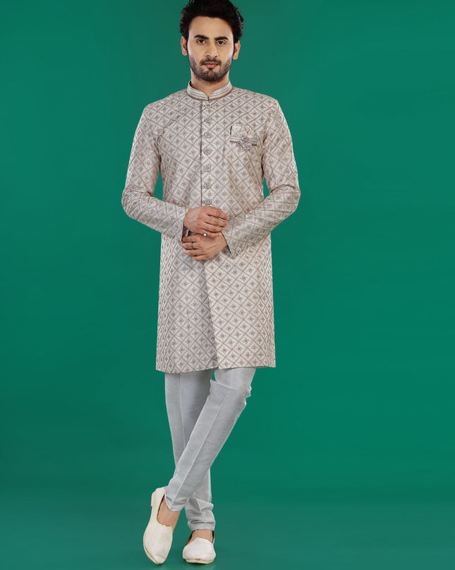 Cream Mens Semi Indowestern Outfit For Wedding