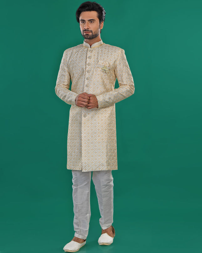 Cream Mens Semi Indowestern Outfit For Wedding