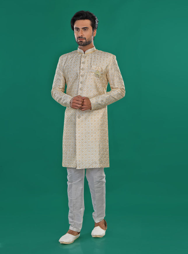 Cream Mens Semi Indowestern Outfit For Wedding