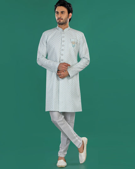 Sky Blue Mens Semi Indowestern Outfit For Wedding