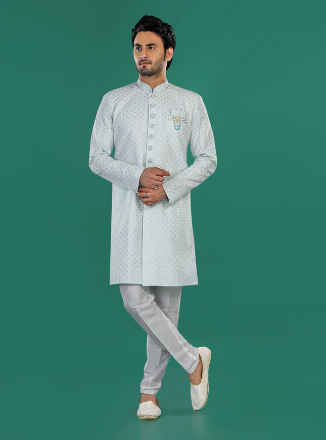 Sky Blue Mens Semi Indowestern Outfit For Wedding