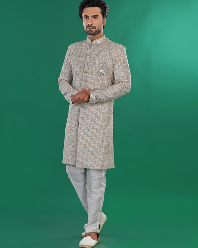 Grey Mens Semi Indowestern Outfit For Wedding