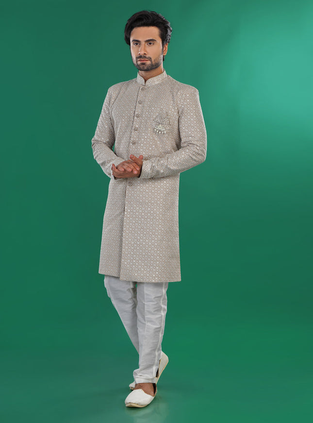 Grey Mens Semi Indowestern Outfit For Wedding