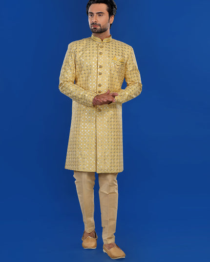 Yellow Mens Semi Indowestern Outfit For Wedding