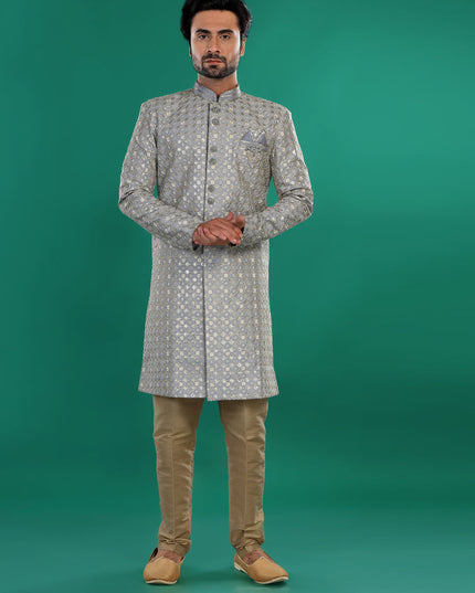 Grey Mens Semi Indowestern Outfit For Wedding