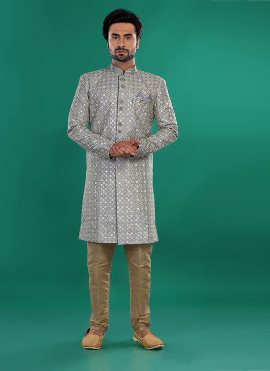 Grey Mens Semi Indowestern Outfit For Wedding