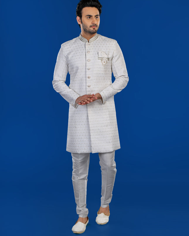White Mens Semi Indowestern Outfit For Wedding