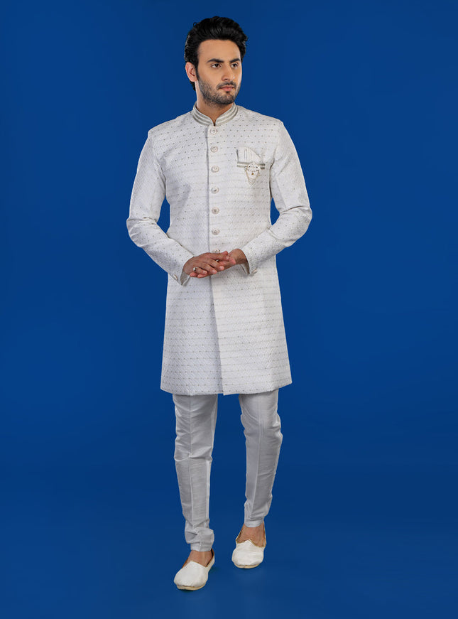 White Mens Semi Indowestern Outfit For Wedding