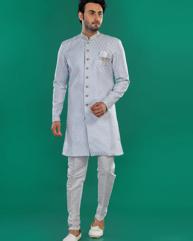 Sky Blue Mens Semi Indowestern Outfit For Wedding