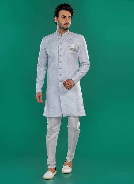 Sky Blue Mens Semi Indowestern Outfit For Wedding